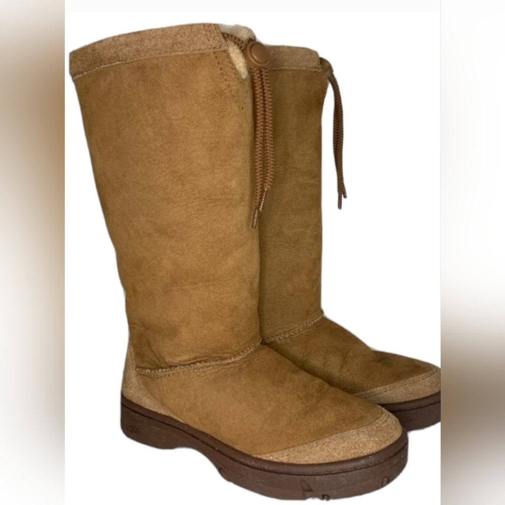 UGG vintage brown tan leather tall Drawstring boots sheepskin Platform Sherpa 9 - Picture 4 of 12